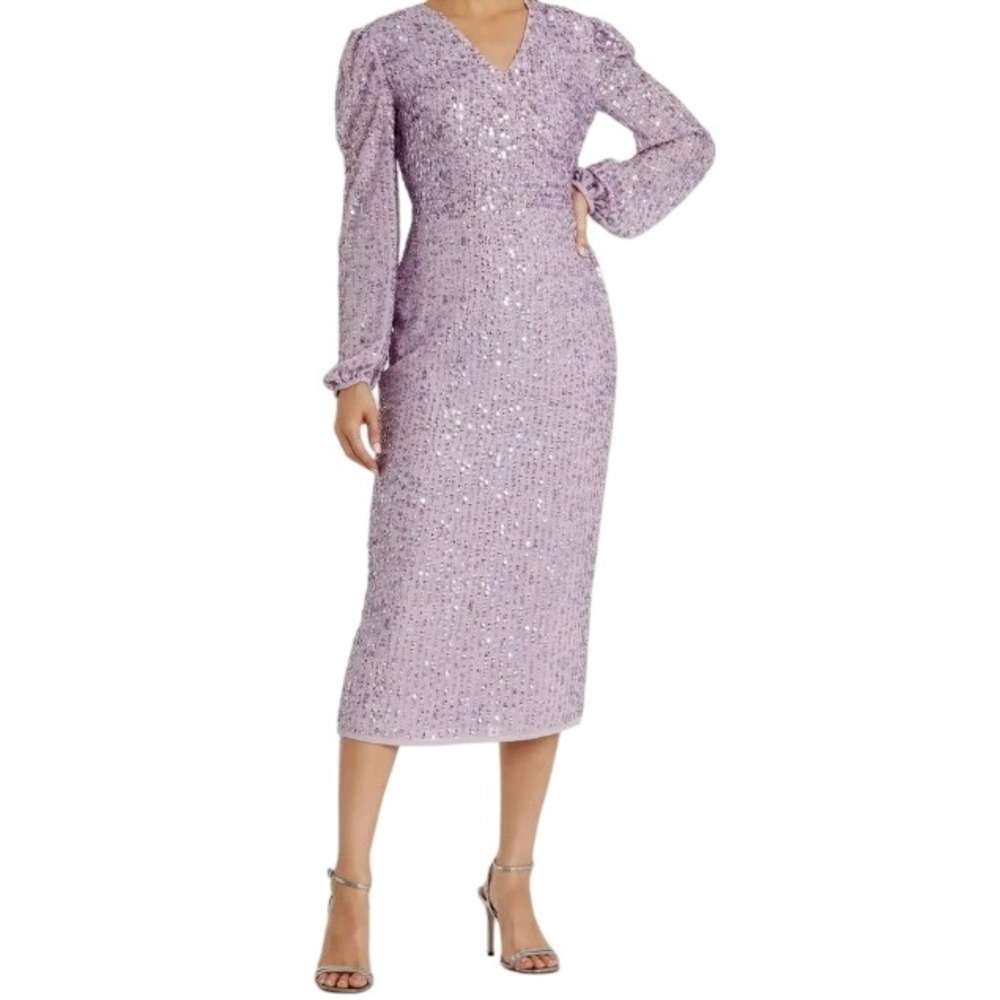 Mac Duggal 107641 Sequin Illusion Midi Dress 4 Lavender Wrap V-Neck Long Sleeve